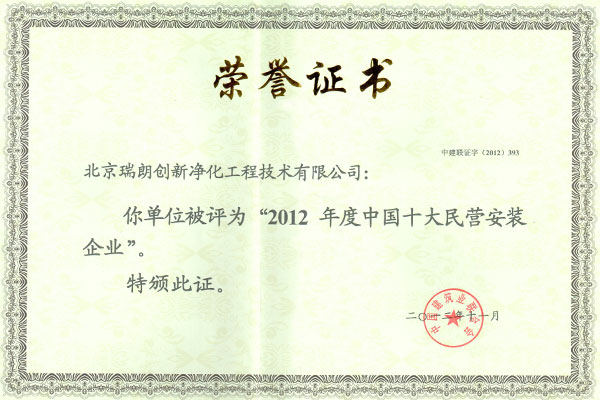 瑞朗净化-中国十大民营企业证书
